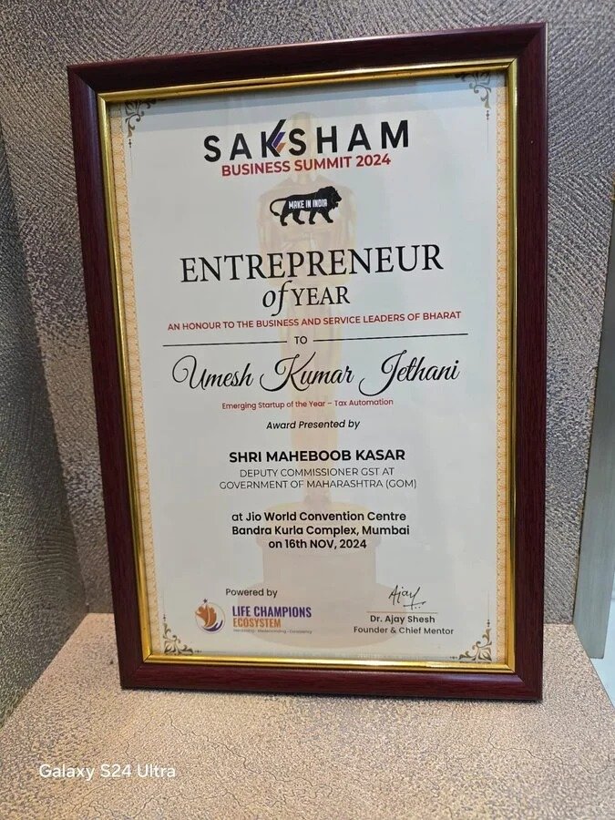Entrepreneur of the Year 2024 certificate awarded to CA Umesh Kumar Jethani