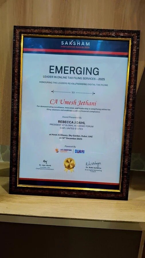Emerging Leader in Online Tax Filing Services 2025 certificate awarded to CA Umesh Kumar Jethani